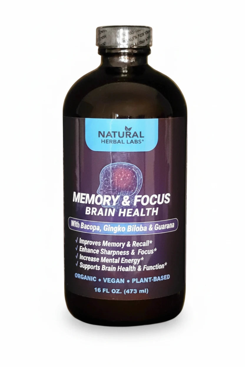 Organic Memory & Focus Herbal Tonic – Bacopa, Ginkgo Biloba, Guarana | Natural Brain Health & Mental Clarity Support